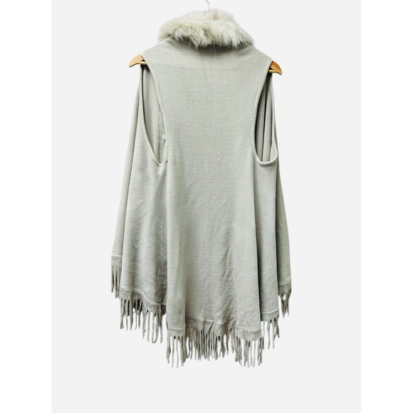 Cato Shawl‎ Vest Faux Fur Trim Fringe Hem Knit Beige Boho Extra Small - Picture 3 of 6